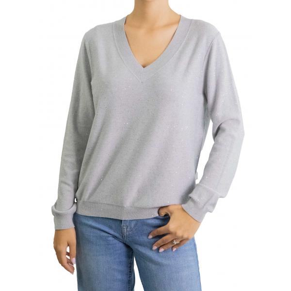 Maglioncino tinta unita con brillantini con scollo a V